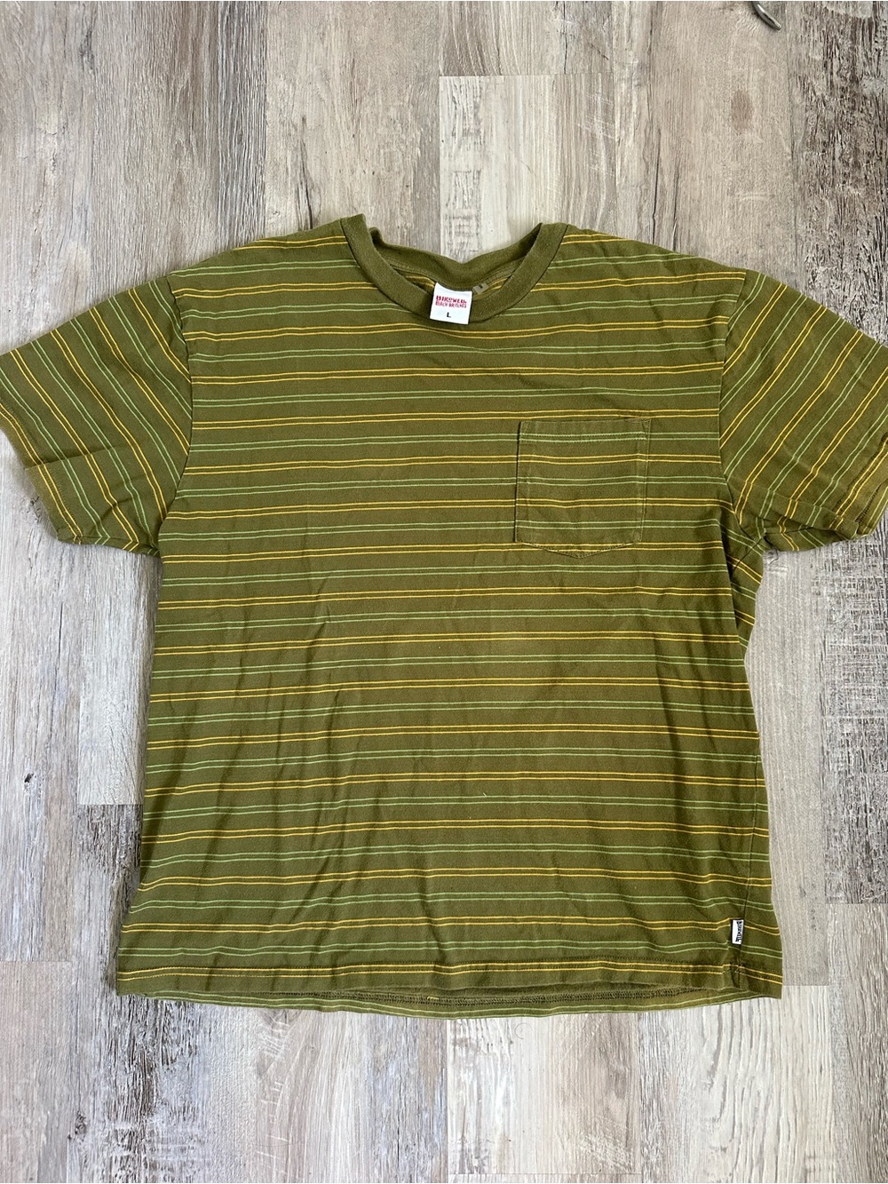 Vintage Birdwell Olive Green Striped Pocket Tee with Yellow Accents